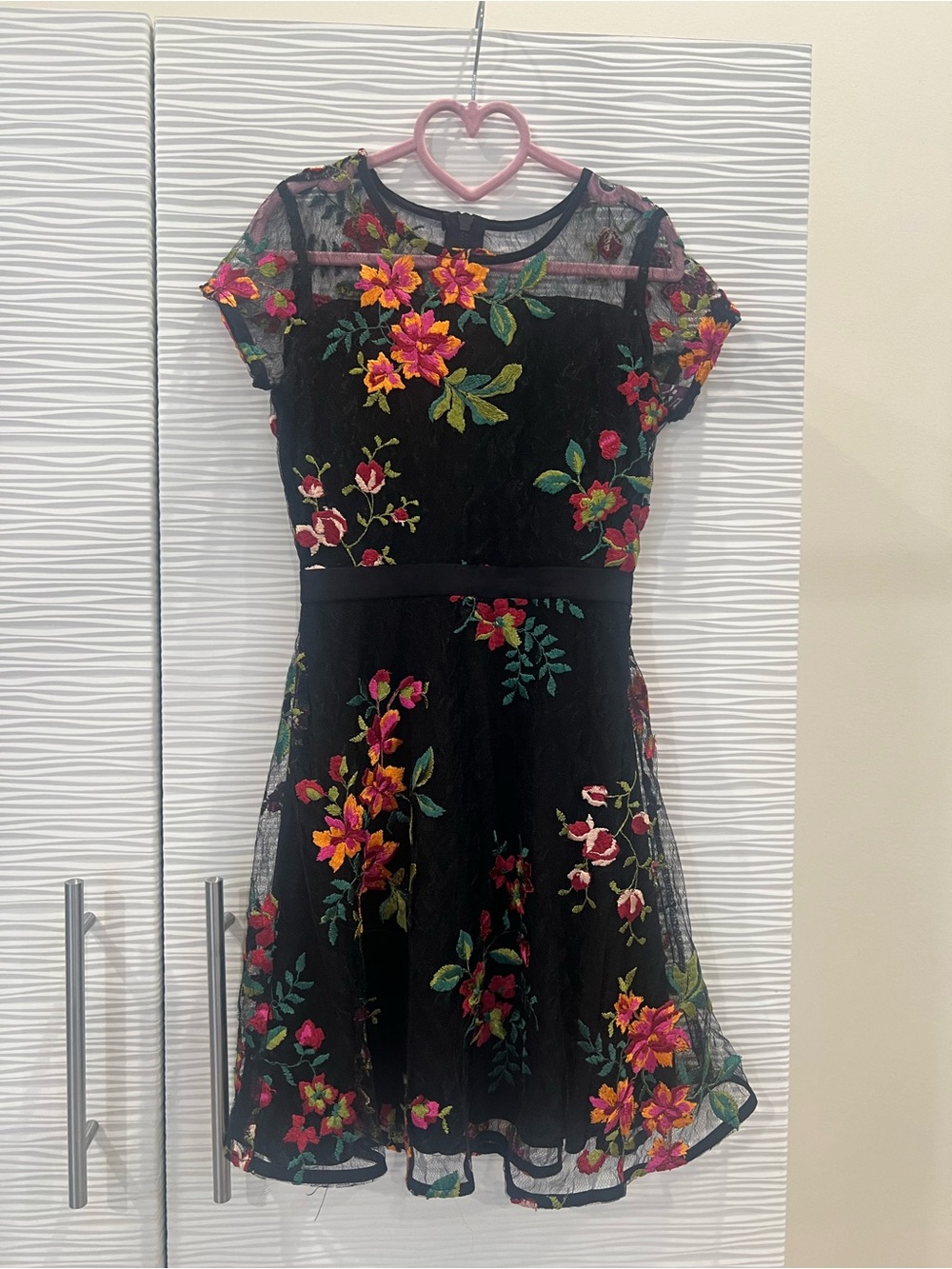 Aqua Black Floral Embroidered Mesh Dress for Girls